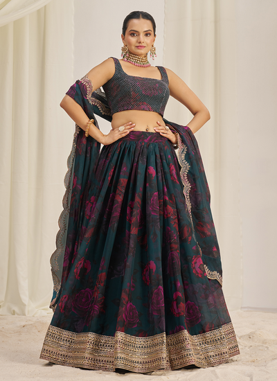 Teal Zari Dori Sequins Organza Floral Printed Festive Wear Lehenga Choli