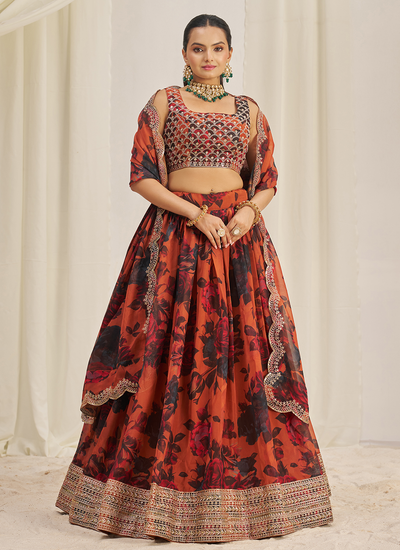 Festive Wear Orange Zari Dori Sequins Organza Floral Printed Lehenga Choli