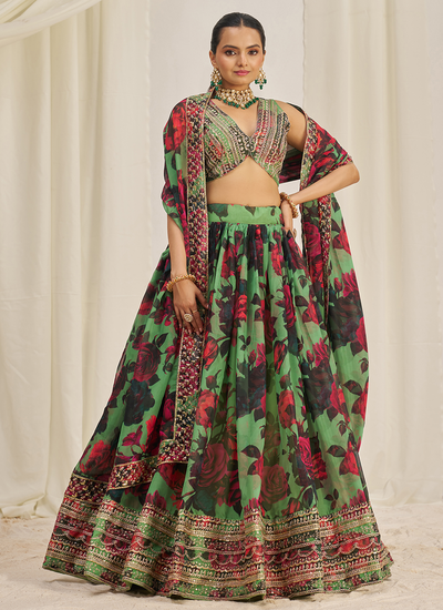 Parrot Green Festive Wear Zari Dori Sequins Organza Floral Printed Lehenga Choli