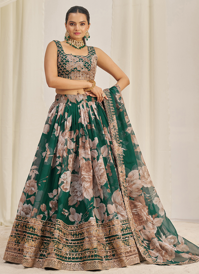 Floral Printed Jungle Green Festive Wear Zari Dori Sequins Organza Lehenga Choli