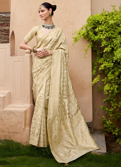 Banarasi Weaving Cream Jaal Design Bridesmaid Viscose Silk Saree