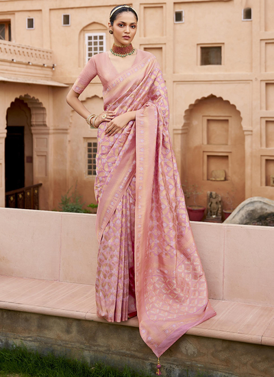 Latest Banarasi Weaving Jaal Design Viscose Silk Bridesmaid Saree In Pink