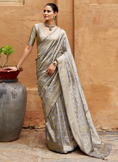 Grey Banarasi Weaving Jaal Design Bridesmaid Saree In Viscose Silk