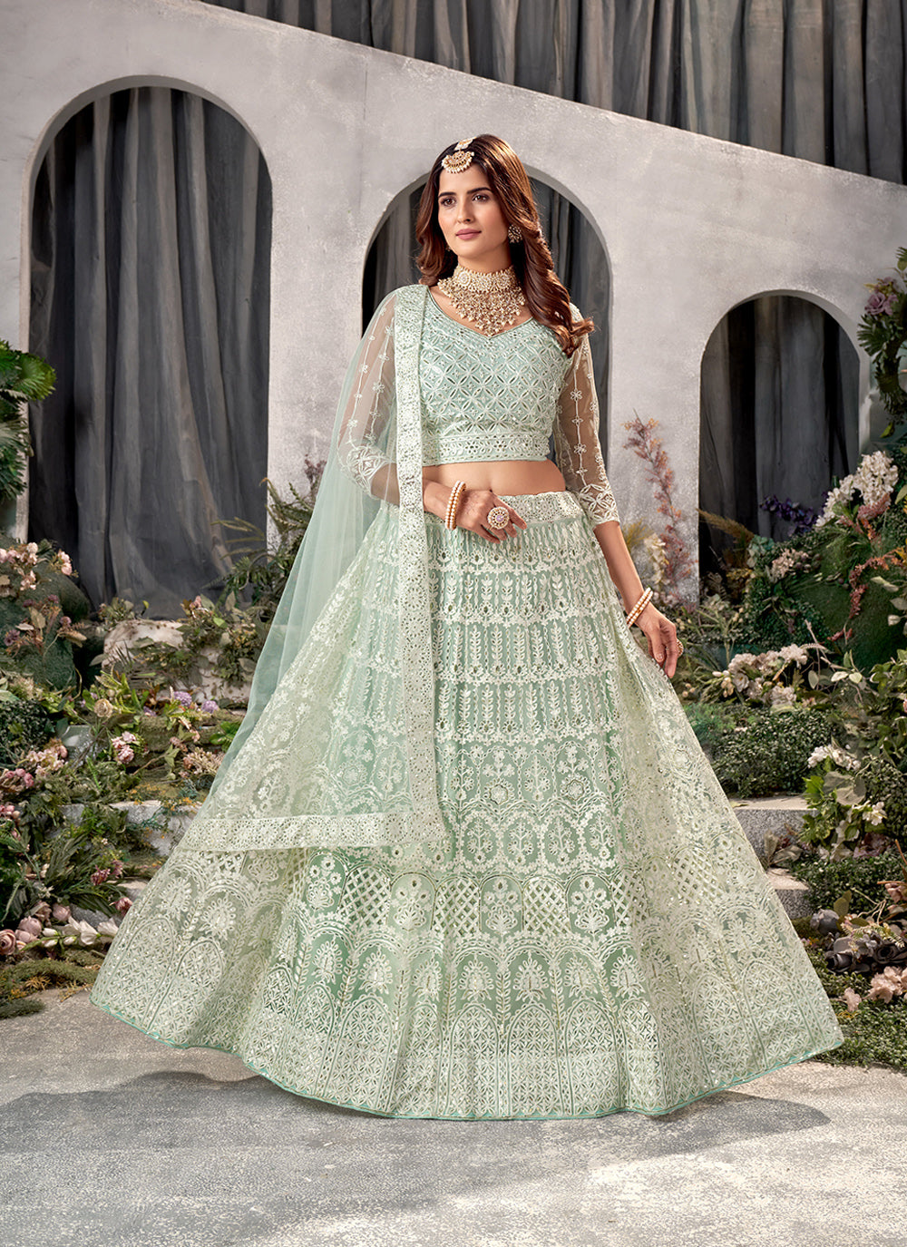 Net Sequins Party Wear Light Green Lehenga Choli Siya Fashion